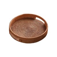 Rattan Snack Storage Tray with Handle Round Basket Hand Woven Home Decor Bread Fruit Food Display Kitchen Dining Room Organizer