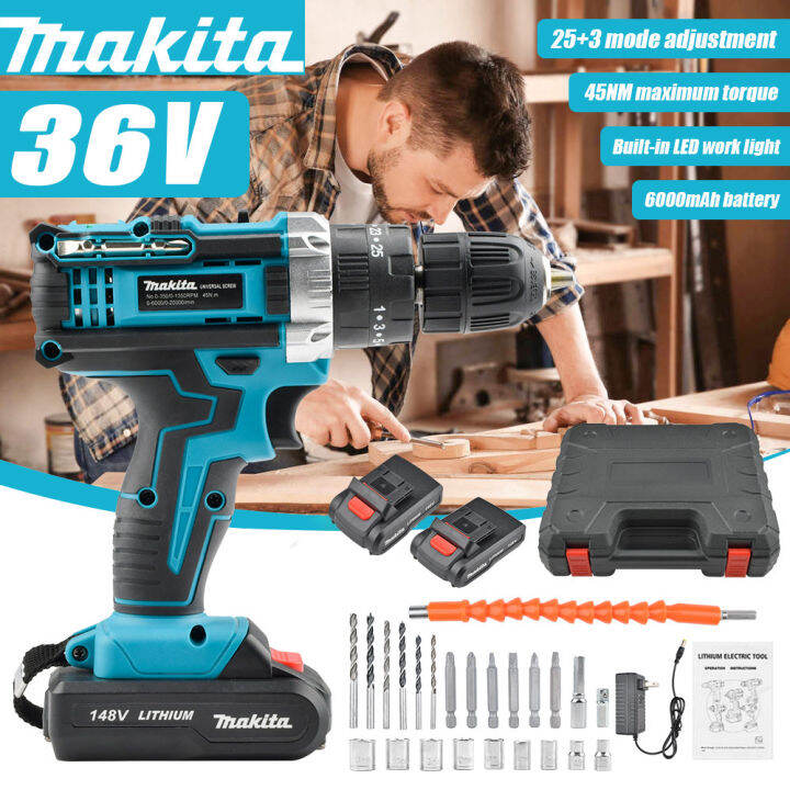 MAKlTA Electric Drill 36v Impact Set 2*Battery Wireless Drill With