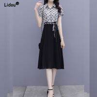 【HOT】✔♦∋ Fashion Polo-Neck Dot Printing Waist Lacing A-line Dresses New for 2022 Korean Vestidos