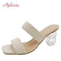 Aphixta 2021 New Summer Women Mules Design Slippers Sandal Slides Braided Cord 7cm Transparent Fretwork Heels Women Shoes Female