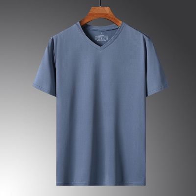 Ready❤ Mens T-shirt Solid Color V-neck Short Sleeve T-shirt Ice Silk Slim Fit Casual Quick Dry Top