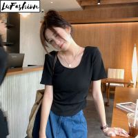 LuFashion เสื้อเอวลอยสำหรับผู้หญิงเสื้อยืดสีพื้นลำลองแขนสั้นทรงสลิมสไตล์เกาหลีฤดูร้อน