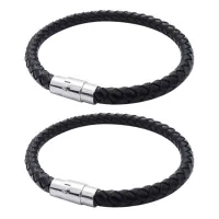 2X Stainless Steel Leather Bracelet, Braided Leather Bracelet, for Men Women, Black - Width 6mm - Length 19cm