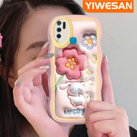 YIWESAN เคสสำหรับ VIVO Y30 Y30i Y50น่ารักลายดอกไม้สีชมพู3D กับกระต่ายขอบคลื่นสีนุ่มนวลเคสมือถือกันกระแทกแบบใสที่สร้างสรรค์เคสกล้องซิลิกาเจลฝาครอบป้องกัน