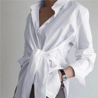 2023 Fashion Blouses Womens Long Sleeve Lapel Casual Loose Shirts Spring Solid Color Bandage Clothes Elegant Lady Tops