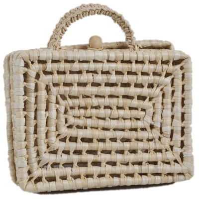 Pink MemoryPortable Small Square Box Simple Natural Pastoral Wind Straw Bag Square Hand-Woven Hollow Beach Bag