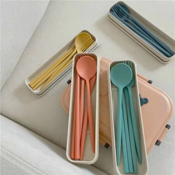 4pcs-set-spoon-fork-chopsticks-with-box-students-cutlery-wheat-straw-tableware-suit-travel-portable-dinnerware-kitchen-accessory-flatware-sets