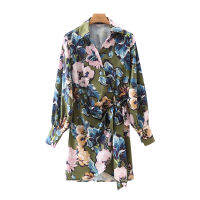 TRAF Women Fashion With Bow Tied Floral Print Wrap Mini Shirt Dress Vintage Long Sleeve Female Dresses Vestidos Mujer