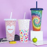 710ml Straw Cup With LidValentines Day Color changing Cup Fruit Tea Plastic Drinking Cup Color-changing Plastic Straw Cup