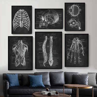 Vintage Human Anatomy Artwork ผ้าใบพิมพ์สำหรับ Medical Clinic Wall - Skeleton, Organ และ Muscle System-โปสเตอร์การศึกษาสำหรับ Body Study