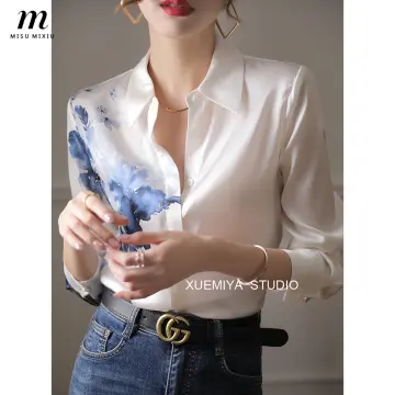 Alisa.Sonya 9 Solid Colors Silk Long Sleeve Shirt Collar Blouse for Women  New Elastic Silk Satin Fashion OL Casual Tops