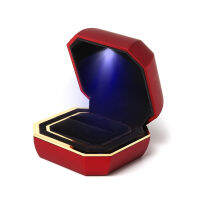 New Plastic Octagonal Creative LED Light Jewelry Box Ring Pendant Frosted Texture Built in Black Double sided Flannel For Gift