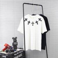 Metal Cross Embroidery Patch Leather Short Sleeve T-shirt for Men and Women Couples