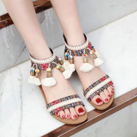 TOP☆36-42 Tassel Cotton Women Sandals Open Toe Flat Shoes Ladies Minority Outdoor Ladies Shoes for Office Wear Weeding Shoes Business Rubber Heel