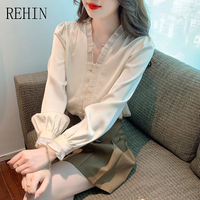 REHIN เสื้อสไตล์เกาหลีแบบใหม่คอวีสำหรับผู้หญิง,เสื้อแขนยาวคอวีมีหูไม้ผ้าชีฟอง