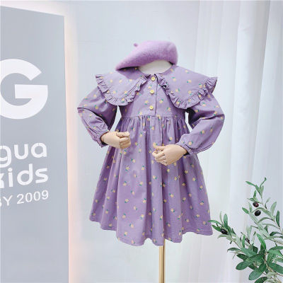 Autumn Winter New Girls Dress Long Sleeve Peter Pan Collar Floral Purple Cute Girls Baby Dress 18M-6T