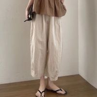 Spot parcel post New Cotton and Linen Casual Pants Womens Pants Summer Simple Japanese Style Thin Artistic All-Match Loose Wide-Leg Cropped Pants Solid Color