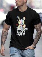 Toy Rabbit &amp; Letter Pattern Print MenS Medium Stretch T-Shirt, Graphic Tee MenS Summer Clothes, MenS Outfits