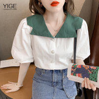 YIGE 2021ฤดูร้อนใหม่เกาหลีสไตล์พัฟแขนเสื้อเชิ้ตสีทึบเสื้อคอวี