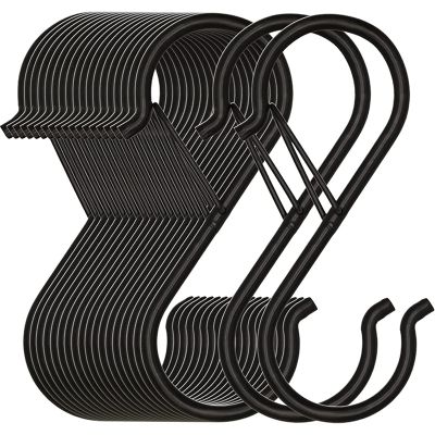 20 Pack S Hooks for Hanging, Heavy Duty Safety Buckle Design Metal Black S Shaped Hooks for Hanging Kitchenware, Pots
