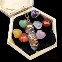 Seven Chakra Pendant Heart Shaped Gems Wooden Gift Box Natural Crystal Home Decoration Desk Accessories Spiritual Healing Stone