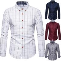 Men Shirt Plaid Print Long Sleeve Autumn Shirt Button Single-breasted Formal Top Mid Length Dress-up Men Business Shirt