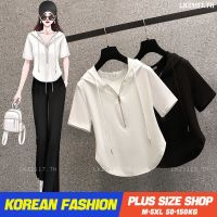 HOT”Plus size เสื้อผ้าสาวอวบ❤ เสื้อยืดสาวอวบอ้วน ไซส์ใหญ่ ผู้หญิง เสื้อยืดโปโล มีฮู้ด ทรงหลวม แขนสั้น คอวี สีขาว ฤดูร้อน สไตล์เกาหลีแฟชั่น