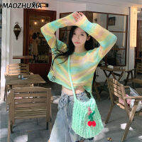 เสื้อถักแขนยาวกลวงสี MAOZHUXIA เสื้อตัวสั้นหลวม