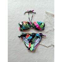 Bk 3305 XO Flower PINK Green Leaf - BIKINI สายคล้องคอ พร้อมโฟม - M dsf