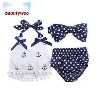 【Beautywoo】Newborn เด็กผู้หญิง Anchor Tank Tops + Polka กางเกงขาสั้นลายจุด + ที่คาดผมรูปโบว์ชุดเสื้อผ้าในช่วงฤดูร้อนสำหรับเด็กวัยหัดเดิน0-24เดือนชุด