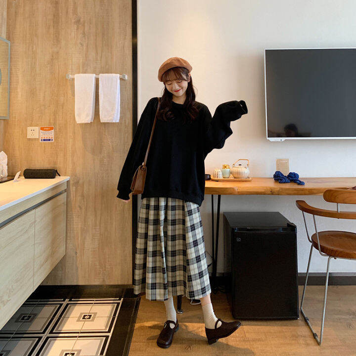Japanese-Style Retro Plaid Pleated Skirt High Waist Plaid Mid-Length ...