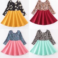 Girlymax Fallwinter Baby Girls Kids Clothing Cotton Milk Silk Twirl Dress Knee Length Leopard Daisy Floral Flower Long Sleeve