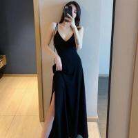 ✥ New Style Sling Sexy v-Neck Long Side Slit Black Dress