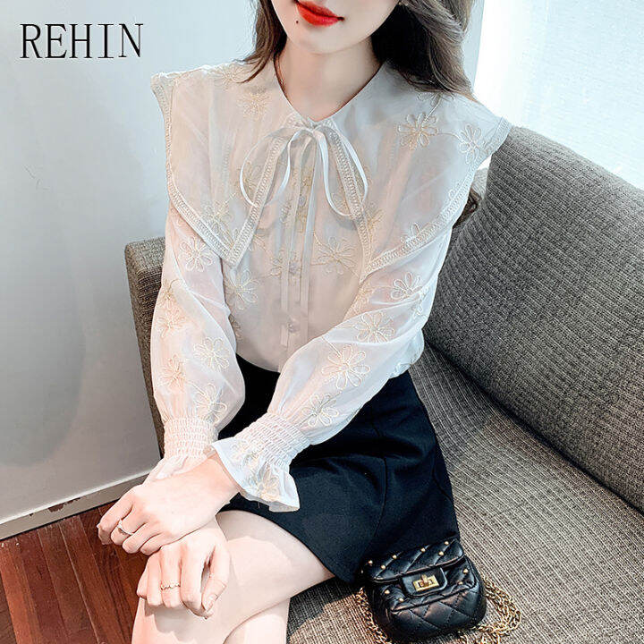 rehin-ผู้หญิงฤดูใบไม้ร่วงใหม่ฝรั่งเศสแฟชั่นปักตุ๊กตาคอยาวแขนเสื้อ-flared-แขน-ruched-cuffs-เสื้อ-elegant