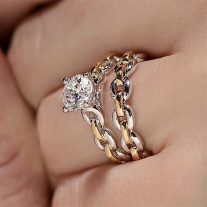 หวังว่าแหวนโซ่เพชรคู่สีแบบแยกสีสำหรับสุภาพสตรีสองคนผู้ผลิตแหวนงานแต่งงานหมั้น