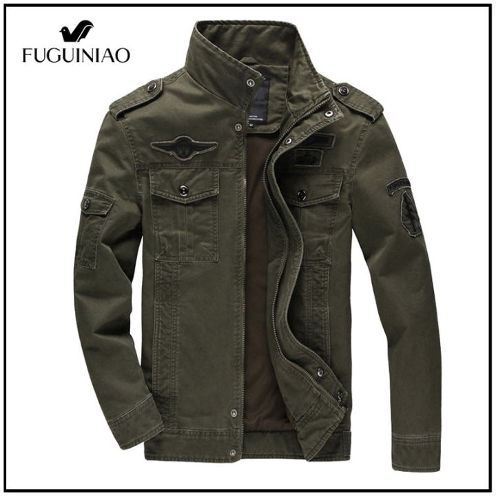 fuguiniao-เสื้อแจ็กเก็ตทหารทรงสลิมของผู้ชาย-ผ้าฝ้ายสีไม่ตกเสื้อคอตั้งเสื้อเบลเซอร์เสื้อโค้ทเสื้อกันหนาวกันลมเสื้อคลุมลำลองเสื้อปี2021