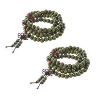 2X Olive Green Sandalwood Beads Buddha Buddhist Stretch Necklace Rosary 29 inch