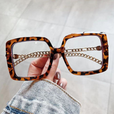 New Fashion Brand Anti-blue Light Square Glasses Frame Women Vintage Alloy Clear Pink Computer Eyeglasses Female Chain Shades
