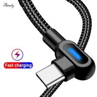 AMELY ข้อศอกไมโคร USB 0.25/1ม. 2ม. 90องศาพร้อมไฟ LED มุมขวาเคเบิลไมโคร USB สายชาร์จชนิด C ไมโคร USB สายชาร์จอุปกรณ์เครื่องมือสื่อสารอย่างรวดเร็ว