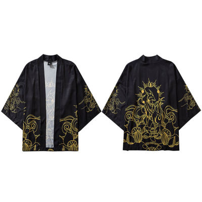 Japanese Kimono Jacket Lotus Fairy Dog Harajuku  Hip Hop Men Japan Streetwear Jacket Summer Thin Clothing Loose Kimono Black