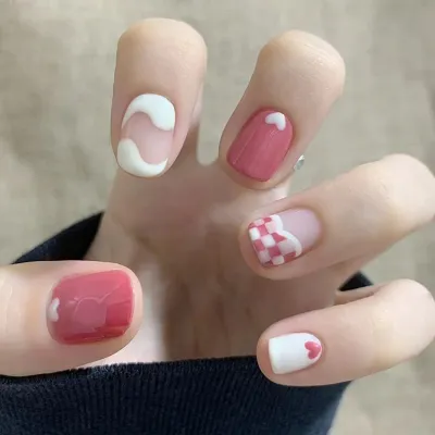 [COD] powder love checkerboard wearing nail piece finished product detachable and reusable patch short versatile false nails