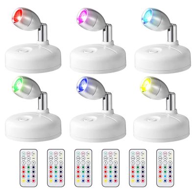 6 Pcs RGB LED Spotlight with Remote, 13 Color Spotlight, Battery Operated Accent Lights for Hallway Artwork Closet White