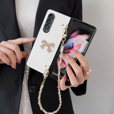 HOCE เคสโทรศัพท์หนังรูปโบว์3D แฟชั่นหรูหราสำหรับ Samsung Galaxy Z Fold 4 Fold 3 5G บานพับป้องกันเต็มรูปแบบพร้อมสายรัดข้อมือสำหรับฝาครอบ Zfold4 Zfold3