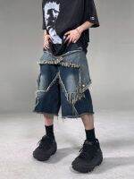 American R Raw Edge Star Patch Tassel Denim Shorts Loose Hip-hop Street Trend Five-point Pants Female Y2K Pants