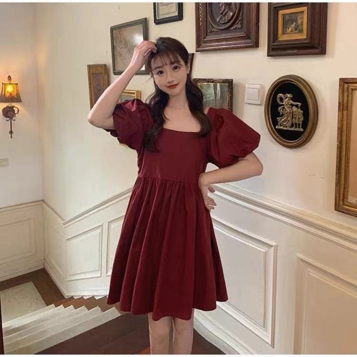 spot-parcel-post-sweet-fresh-mori-plus-size-womens-clothing-square-collar-puff-sleeve-2022-summer-new-slim-fit-slimming-dress