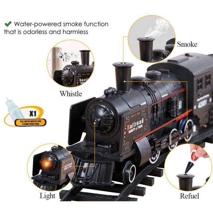 ทางรถไฟทำงานด้วยแบตเตอรี่ชุดของเล่นรถจักรไอน้ำรถไฟขนส่งแบบคลาสสิกชุดของเล่นรถไฟของเล่นไฟฟ้าจำลองควัน