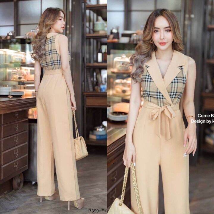 tw17399-jumpsuit-bbr-แขนกุดขายาว-ผูกโบว์เอว