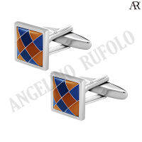 ANGELINO RUFOLO Cufflink(คัฟลิงค์) ดีไซน์ Catseye Square กระดุมข้อมือคัฟลิ้งโรเดียมคุณภาพเยี่ยม ตัวเรือนสีเงิน ประดับตกแต่งด้วย Catseye สีน้ำตาล/น้ำเงิน