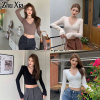 เสื้อนักเรียนสั้นของผู้หญิงคอวีเซ็กซี่สำหรับผู้หญิง Zhu Xia แขนยาวเข้ารูป2023แขนยาวเสื้อยาวปิดถึงก้นฤดูใบไม้ร่วง