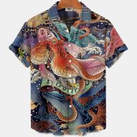 3D Mens Floral Casual Social Summer Hawaiian Short Sleeve Shirt Street Koi Carp Luxury Blouse Outdoor Clothes Top Fit Camisa